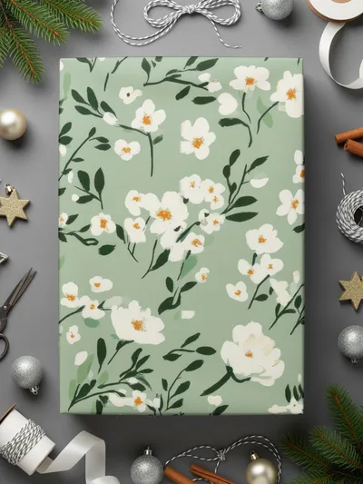 Festive Green Floral Gift Wrapping Paper for Holidays