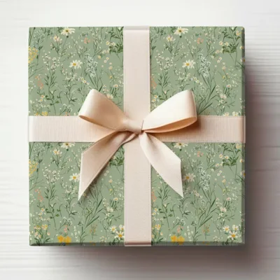 Elegant Green Floral Gift Wrap with Ribbon Package
