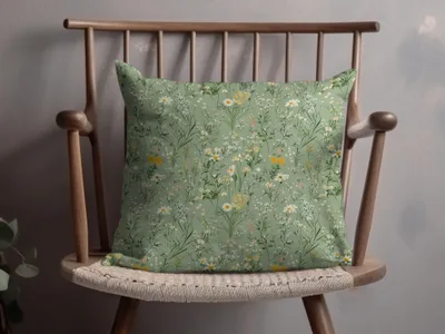 Floral Design Green Throw Pillow with Wildflowers