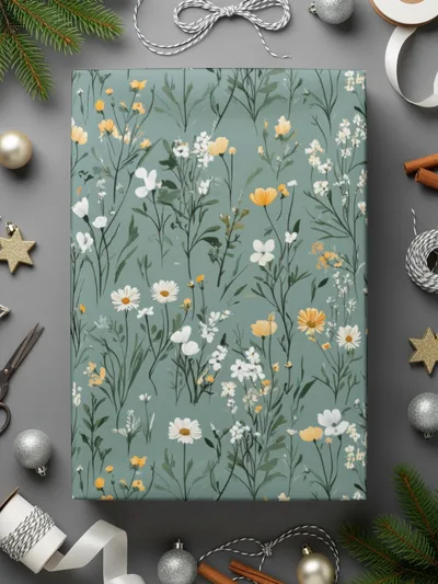 Beautiful Floral Meadow Green Gift Wrap Paper