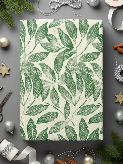 Festive Green Leaf Patterned Gift Wrapping Paper