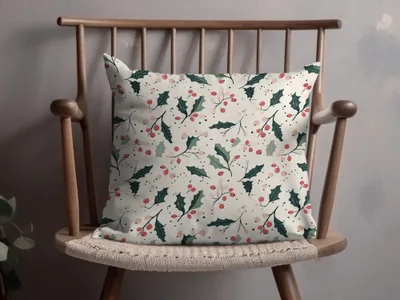 Festive Holly and Berry Pattern Cushion Cover