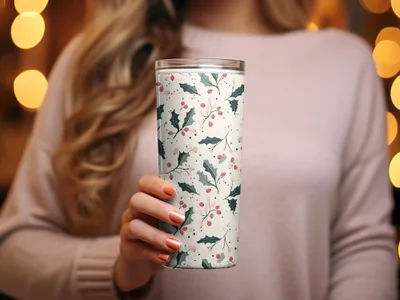 Festive Holly and Berry Pattern Insulated Tumbler Cup