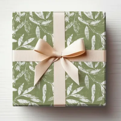 Elegant Olive Green Botanical Gift Wrap with Ribbon