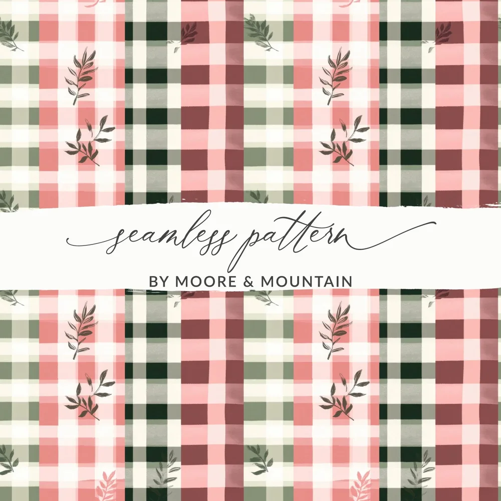 Pink and Green Plaid and Floral Seamless Pattern Design