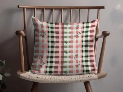 Pink and Green Plaid Design Throw Pillow with Leaf Pattern