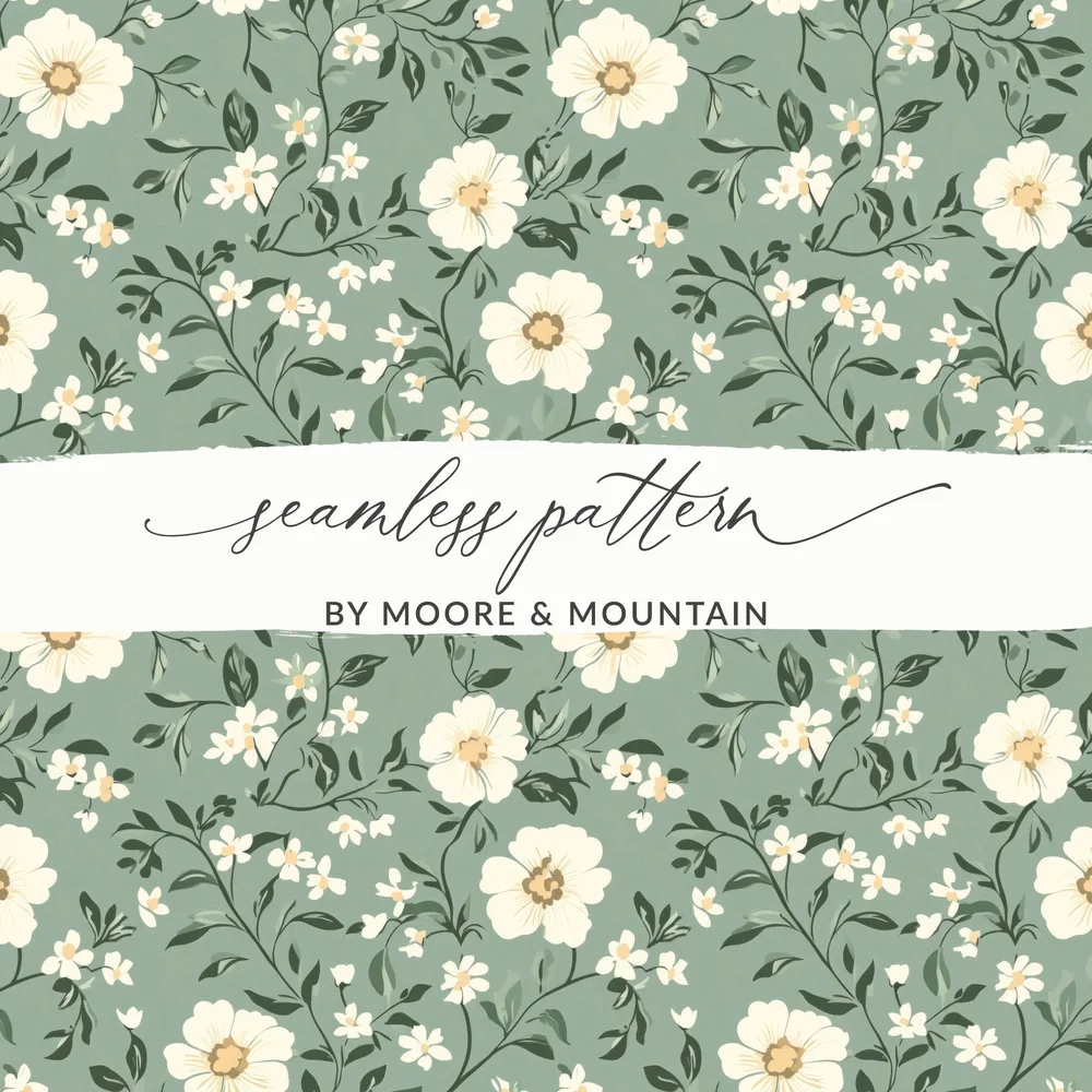 Sage Green Seamless Floral Design with Green Backdrop Digital - Moore and Mountain
