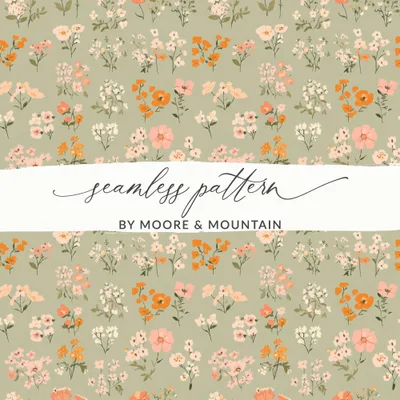 Sage Green Seamless Boho Spring Flower Sprigs Vintage Pattern Digital