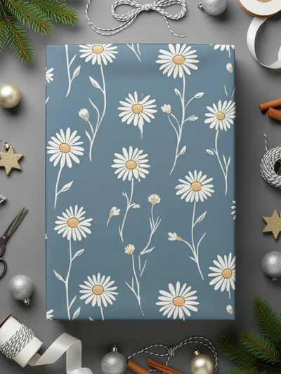 Blue Wrapping Paper with White Daisy Flower Pattern