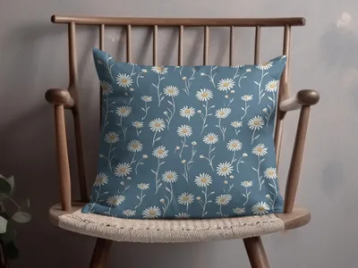 Blue Floral Print Cushion Cover with Daisy Pattern