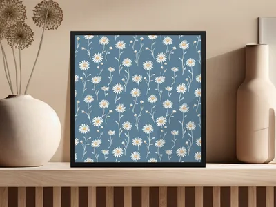 Blue Daisy Field Patterned Wall Art Print Decor