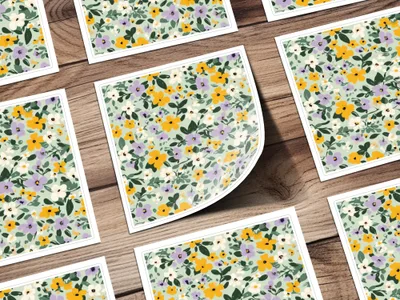 Vibrant Floral Pattern on Cards with Yellow and Purple Flowers
