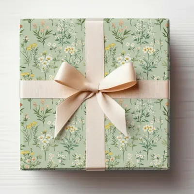 Elegant Floral Gift Wrap with Beige Ribbon Design