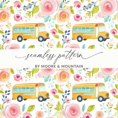 School Bus Floral Seamless Pattern, Back to School Seamless Digital Paper, Back to School Print, Kids Nursery School Paper