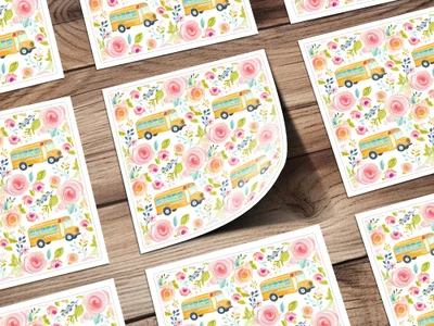 Vibrant Floral and School Bus Design Art Print