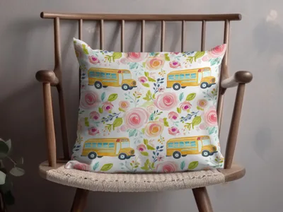 Floral and School Bus Pattern Decorative Pillow