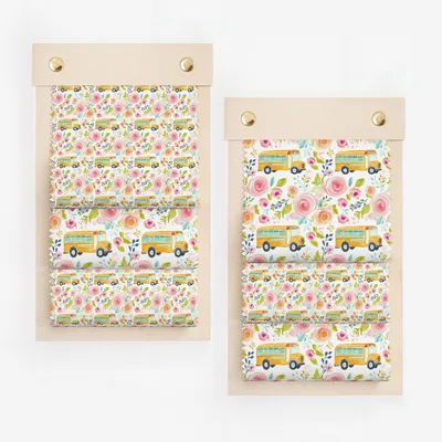 Colorful School Bus and Floral Patterned Fabric Textile