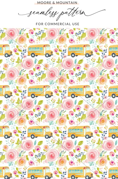 Seamless Floral School Bus Pattern for Commercial Use