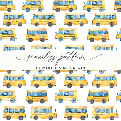 School Bus Pattern Digital Paper, Watercolor Buses, Seamless Repeat Pattern, Yellow Vehicle Design, Back to School Digital Download