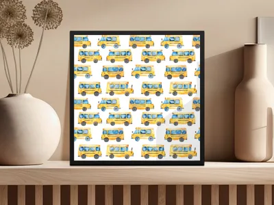School Bus Pattern Digital Paper, Watercolor Buses, Seamless Repeat Pattern, Yellow Vehicle Design, Back to School Digital Download - Moore and Mountain