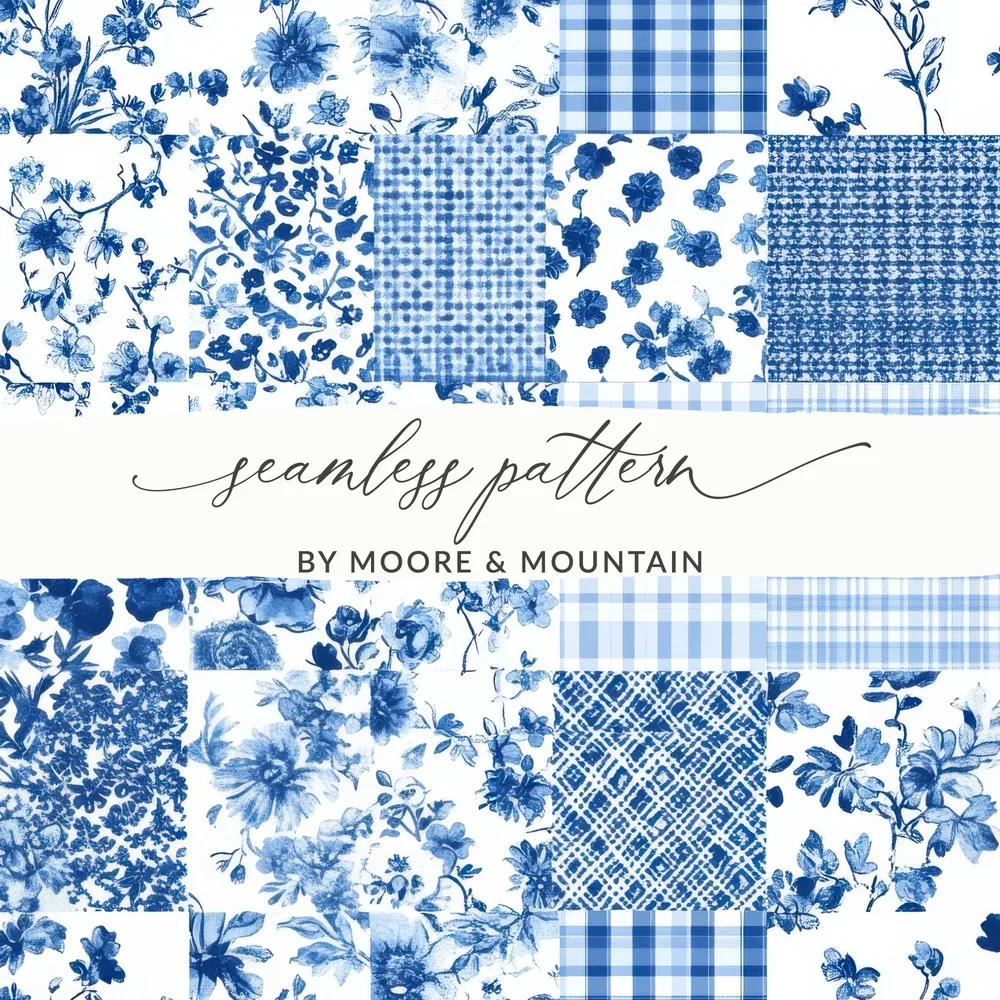 Blue Botanical and Checkered Seamless Pattern Collection