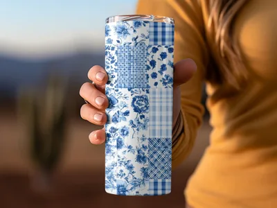 Blue and White Patchwork Pattern Insulated Tumbler