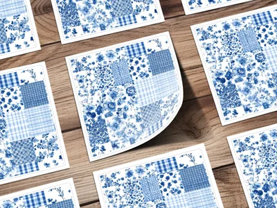 Blue Floral Patchwork Pattern Design Stickers Set