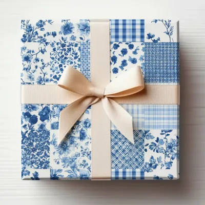 Blue and White Floral Patchwork Gift Wrapping Paper