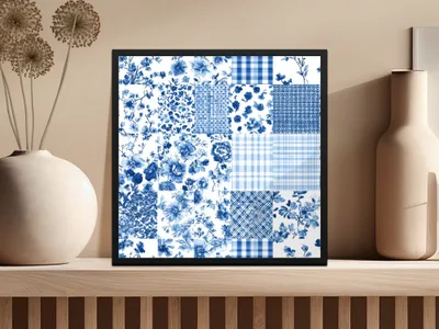 Blue and White Floral Patterned Art Print Wall Decor