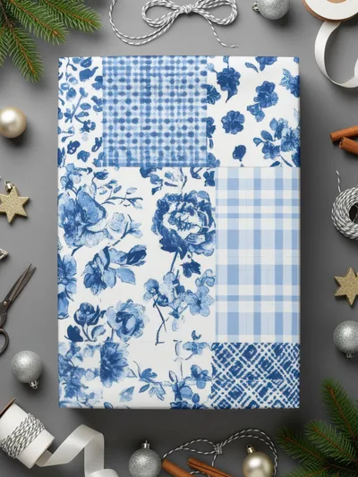 Blue Floral and Plaid Patchwork Wrapping Paper