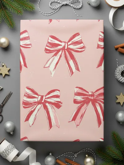 Festive Pink Wrapping Paper with Red Bow Pattern