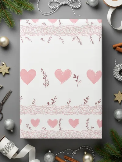 Pink Hearts and Lace Pattern Holiday Wrapping Paper