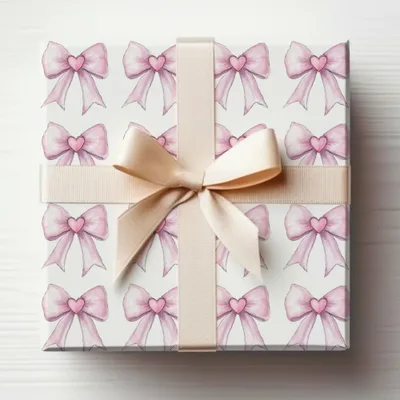 Pink Heart Bow Patterned Gift Wrap Paper Sheets