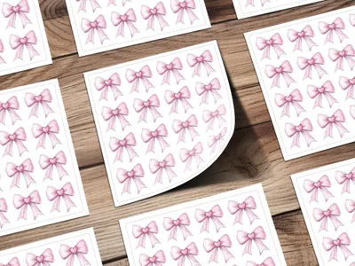 Pink Bow Stickers with Heart Design on White Background