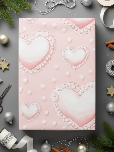 Pink Heart Pearl Design Detailed Gift Wrapping Paper