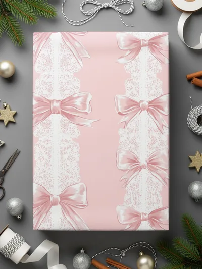 Elegant Pink Bow and Lace Design Wrapping Paper Sheet