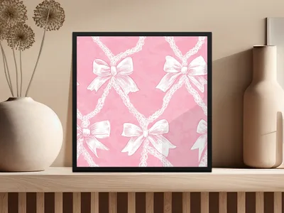 Pink Bow Patterned Artwork in Black Frame Wall Decor