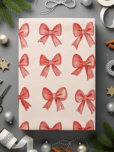 Festive Wrapping Paper with Red Bow Pattern Design