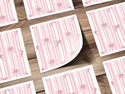Pink and White Striped Pattern with Bows Sticker Set
