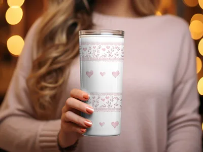 Romantic Floral Hearts Patterned Insulated Tumbler Cup