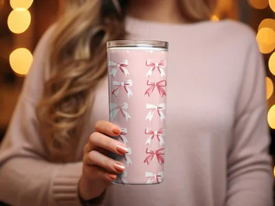 Pink Tumbler With Decorative Bow Design Drinkware