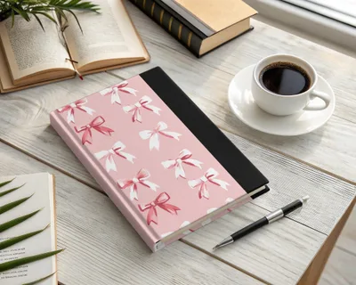 Pink and Black Notebook With White and Red Bow Designs