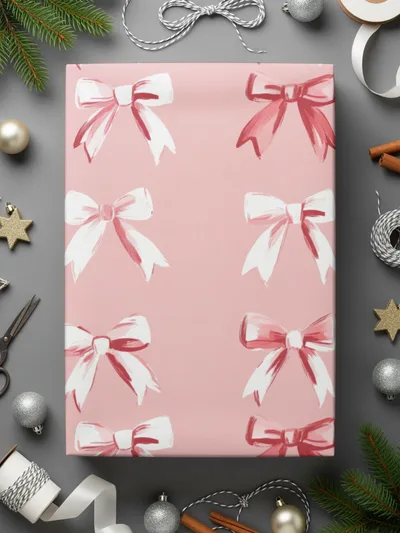 Pink Gift Wrap with Red and White Bows Wrapping Paper