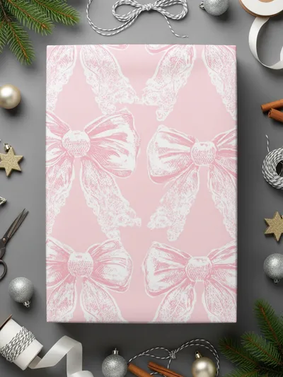 Pink Gift Wrap with White Bow Pattern Wrapping Paper