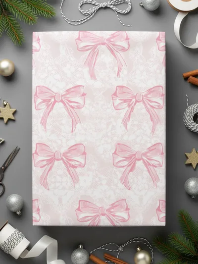 Pink Bow Patterned Holiday Wrapping Paper Product