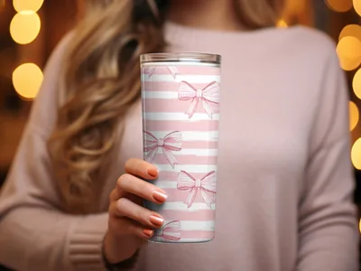 Pink Striped Tumbler with Bow Pattern Travel Mug