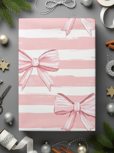 Pink and White Striped Gift Wrap with Bows Design