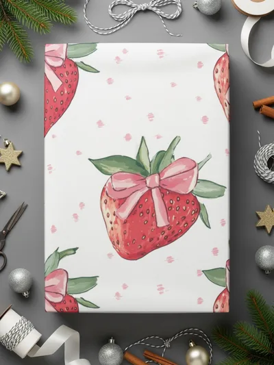 Strawberry Gift Wrap with Pink Bows for Festive Occasions
