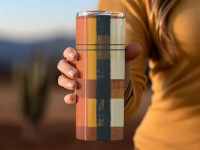 Orange Blue and Beige Plaid Design Tumbler