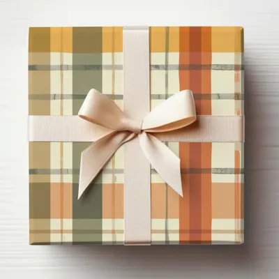 Elegant Plaid Gift Box with Cream Ribbon Package